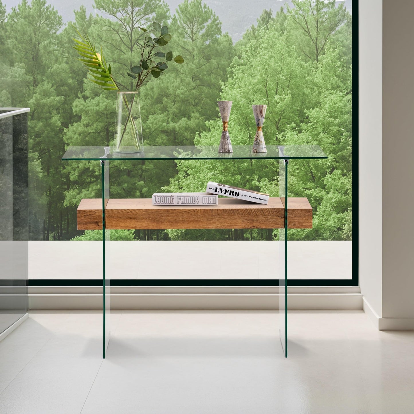 ivinta Glass Console Table with Storage, 39.4" Modern Narrow Entryway Table for Living Room, Entrance, Hallway or Bedroom 5101 (Natural Wood)