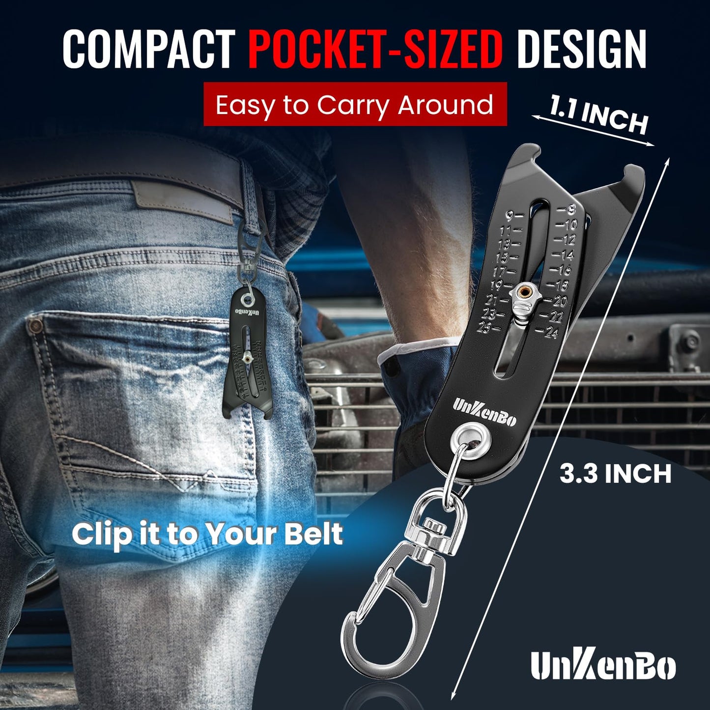 UNKENBO® Bolt Size Finder Tool Keychain - Gauge Bolts & Nuts Head SAE 5/16 to 1" & Metric 8 to 25mm, Wrench & Socket Size Finder, Nut & Bolt Fasteners Measuring Tool Gifts for Men (Matte Black)