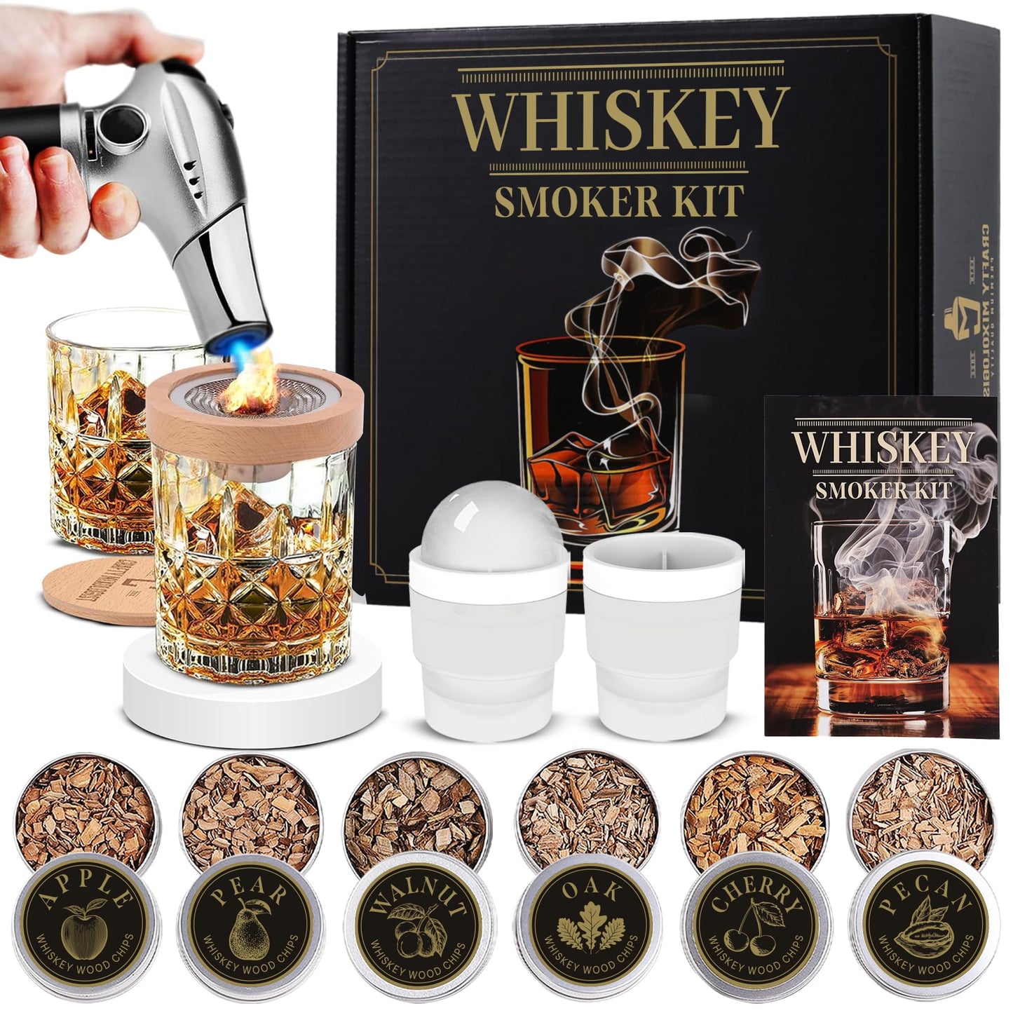 Whiskey Smoker Kit with Torch – 6 Wood Chip Flavors & 2 Glasses – Cocktail Smoker Infuser Set for Old Fashioned and Bourbon– Birthday Gifts for Men, Dad, Husband and Boyfriend(Butane Not Included)