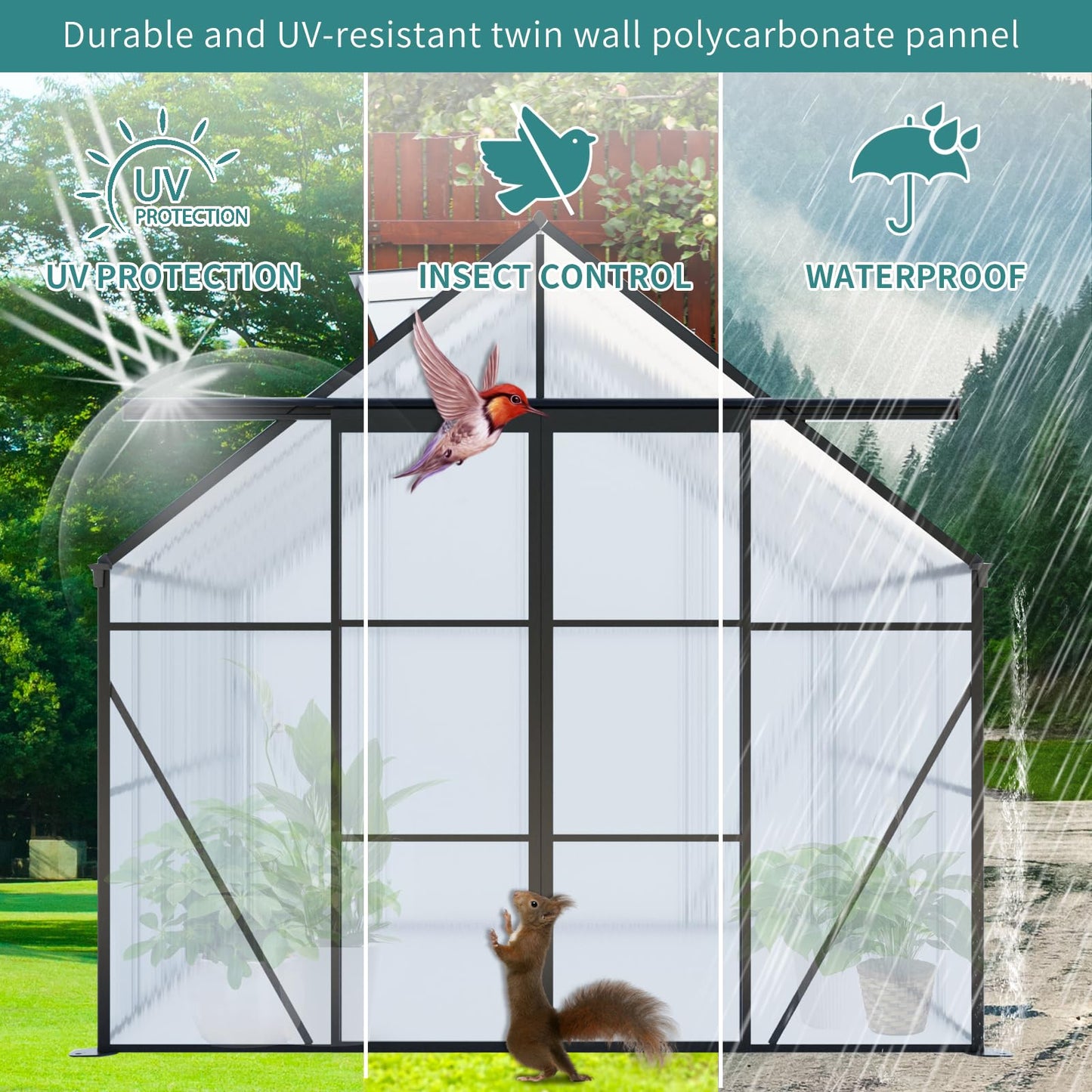 8x8 FT Black Outdoor Walk-in Polycarbonate Greenhouse Dual Sliding Doors Adjustable Roof Vent Aluminum Frame Galvanized Base Heavy Duty Backyard Gardening Plant House UV Resistant Greenhouse Kit
