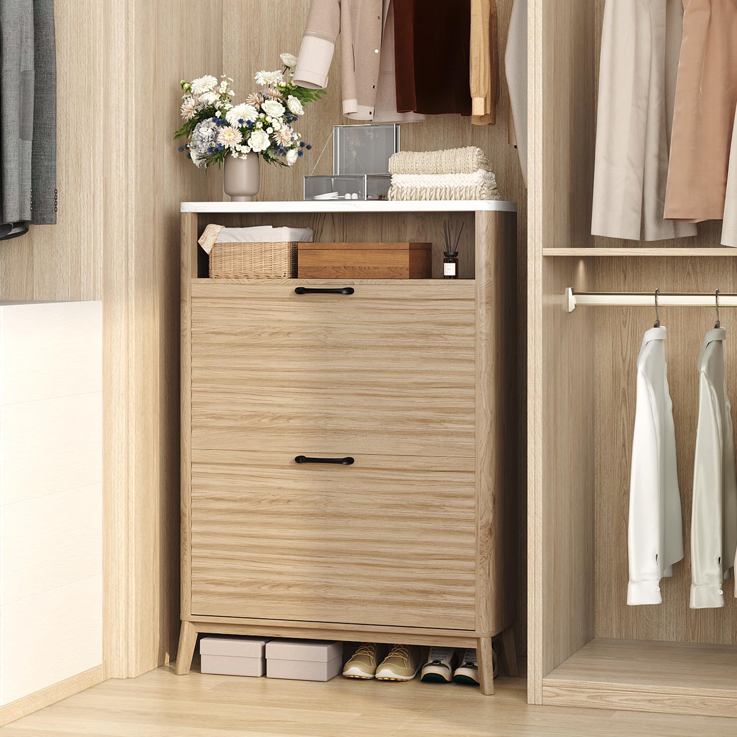 HOMEFORT Shoe Storage Cabinet for Entryway, 31.5" Fluted Shoe Cabinet with 2 Flip Drawers, Mid-Century Modern Hidden Shoe Rack Organizer, Slim Shoe Cabinet for Front Door Entrance, Natural Oak