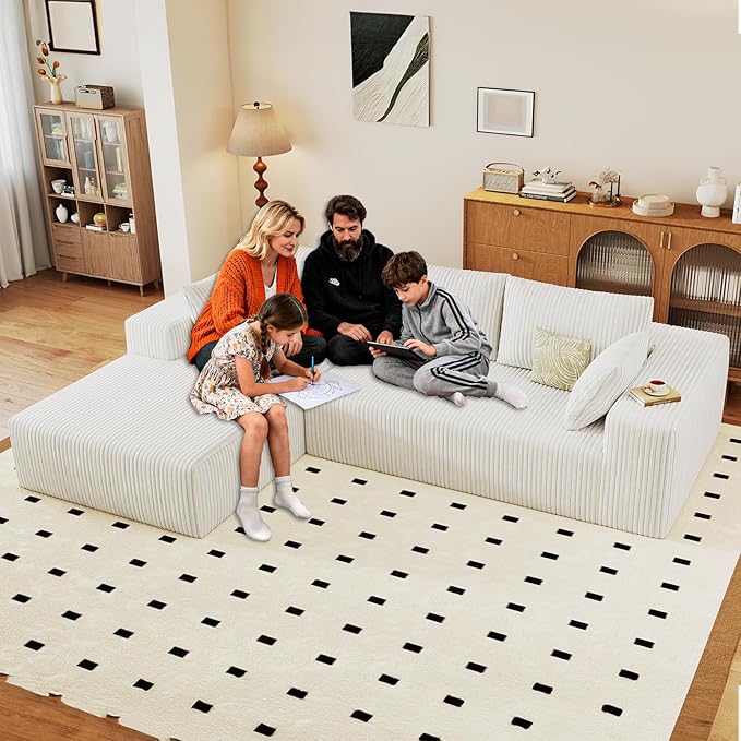 96" Cloud Sectional Couch with L-Shape Chaise, Modern Corduroy Boneless Couch for Living Room,Memory Foam Sofa with Deep Seat,No Assembly Required (White,Left-Facing Chaise)