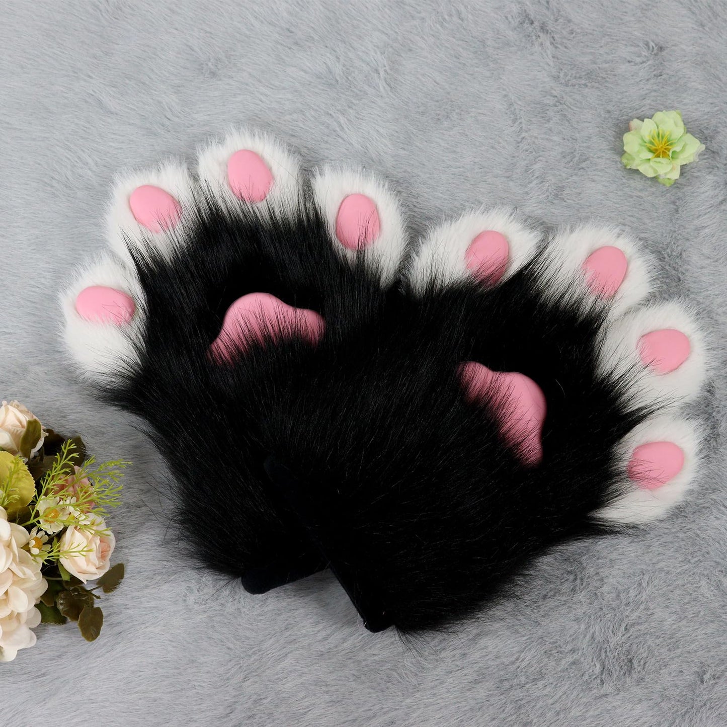 hbbhml Faux Fur Plush Furry Cat Claw Gloves Fursuit Animal Fox Paws Mittens Halloween Cosplay Costume Accessories for Adult