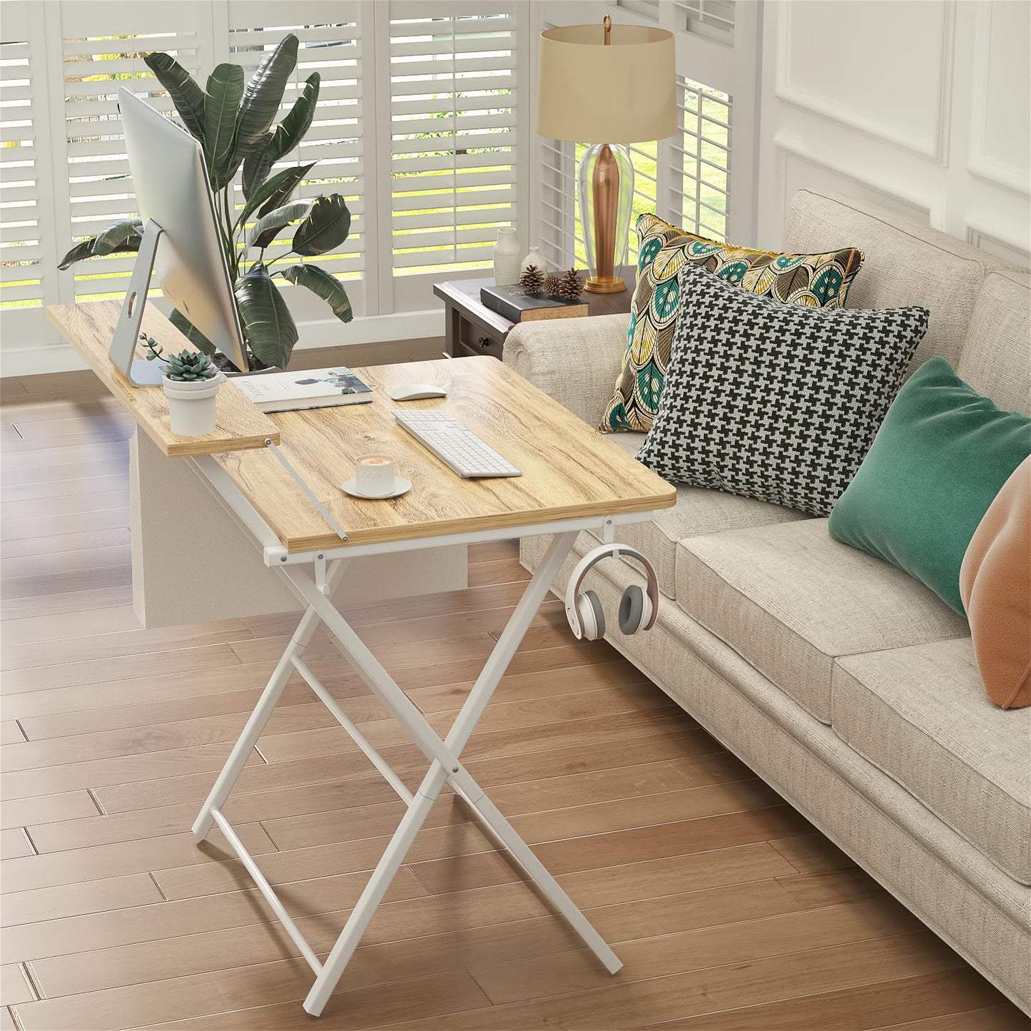 GreenForest Folding Desk for Small Spaces, 31.5 inch Foldable Table with Storage Bag, 2-Tier Portable Computer Desk with Monitor Stand for Home Bedroom, Oak