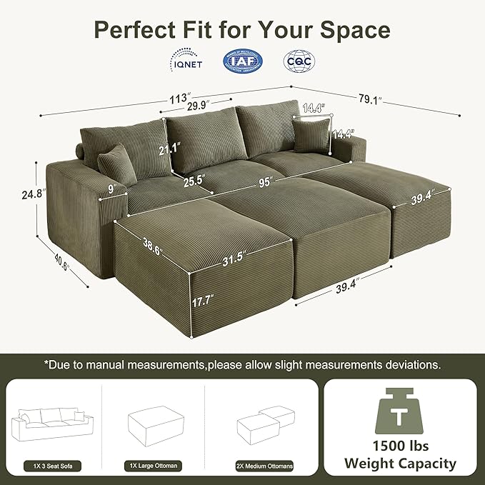 113" Modular Sectional Sofa, Compression Sofa with Deep Seat, Convertible Sofa Bed Couch with Ottoman, Upholstered Couches for Living Room Bedroom,No Assembly Required (Green Corduroy, 113" Sofa Bed)