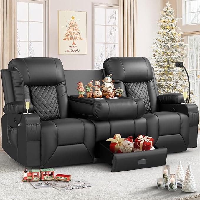 FURNIMAT Loveseat Recliner Sofa, 3 Seater Dual Reclining Sofa with Flip Back Console, Modern PU Leather Loveseat Couch for Living Room/RV, with Storage, USB Ports, Cup Holder, Cell Phone Holder, Black