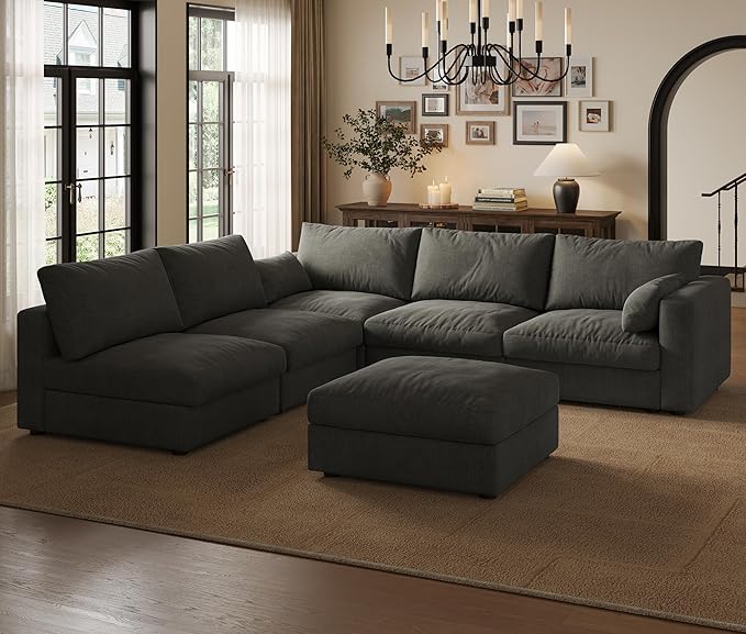 Cloud Modular Sectional Sofa Couch with Storage Ottoman, 99" Oversized Sectional Couches for Living Room, Cloud Modular L-Shaped Sofa with Chaise, 6 Seater, Chenille, Dark Gray