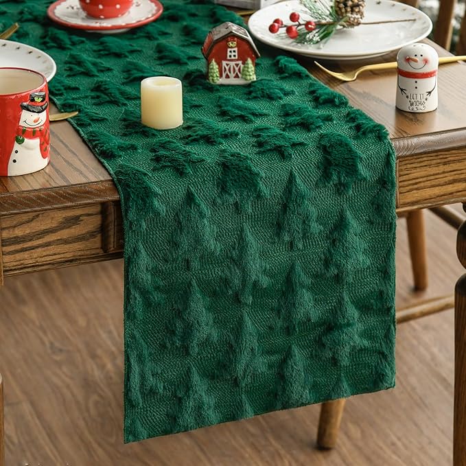Artoid Mode Christmas Trees Green Soft Plush Faux Fur Jacquard Christmas Table Runner, Holiday Kitchen Dining Table Decora...
