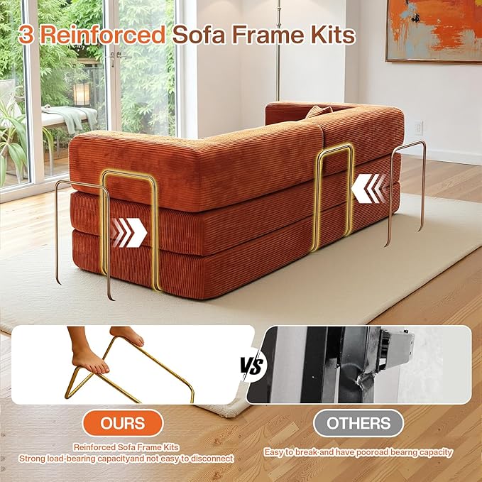 Kelyda 79 Inch Convertible Sofa Bed Couch in Box, 5 in 1 Folding Modular Boneless Couch with Pull Out Bed 2 Pillows, Soft Corduroy Floor Futon Lounge Loveseat Sleeper Lazy Cama No Assembly Orange