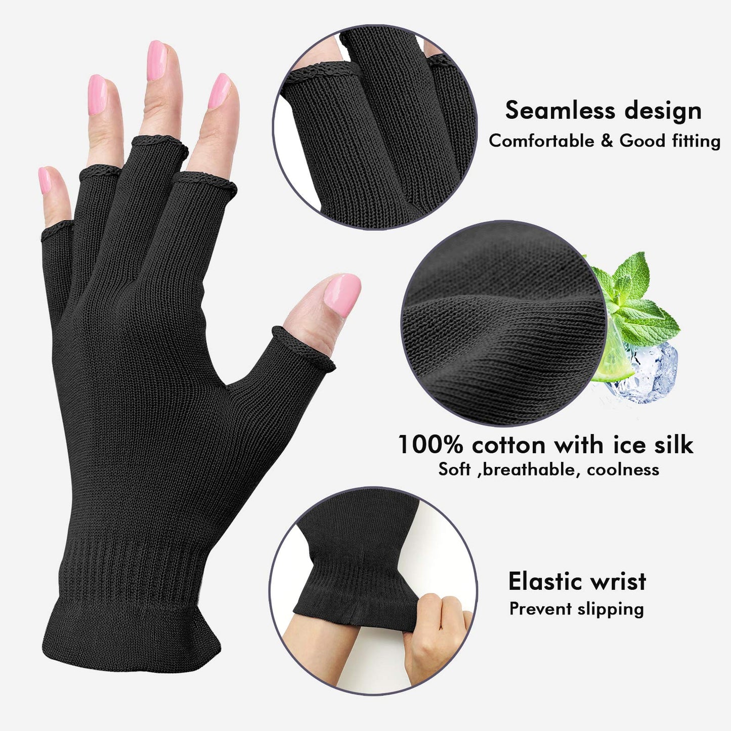 MIG4U 3 Pairs Fingerless Moisturizing Gloves, Half Finger Touchscreen Beauty Glove for SPA, Eczema, Dry Hands, Skin Treatment, S