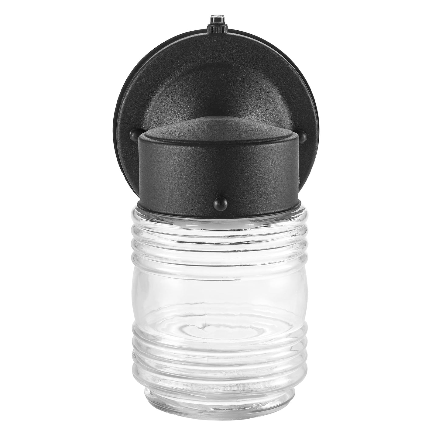 Maxxima Outdoor Wall Lantern Light Fixture, Enclosed Clear Ribbed Glass Jelly Jar Exterior Light, Black Finish, Dusk to Dawn Sensor, 800 Lumens, Photocell Sensor, 3000K Warm White