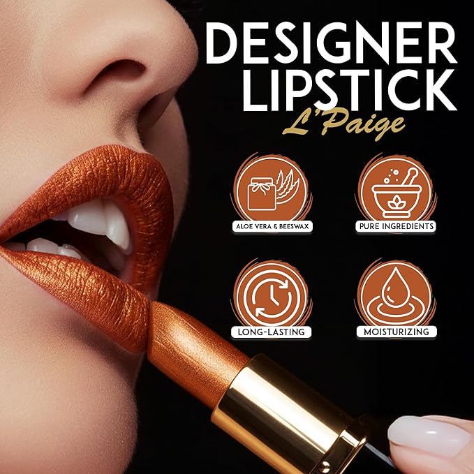 L'Paige Designer Lipstick - Metallic Frosted Copper Finish, Rich Orange-Brown Shade, w/ Aloe Vera Infused, Long-Lasting & Moisturizing, Smooth & Comfortable Application for All-Day Wear, Shade L05