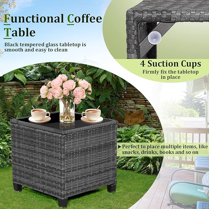 RELAX4LIFE Wicker Patio Furniture Sets - 3 Pieces Rattan Sofa Set, Outdoor Conversation Set with Tempered Glass Tabletop, Heavy-Duty Steel Frame, Wicker Chair Set for Poolside, Backyard, Grey