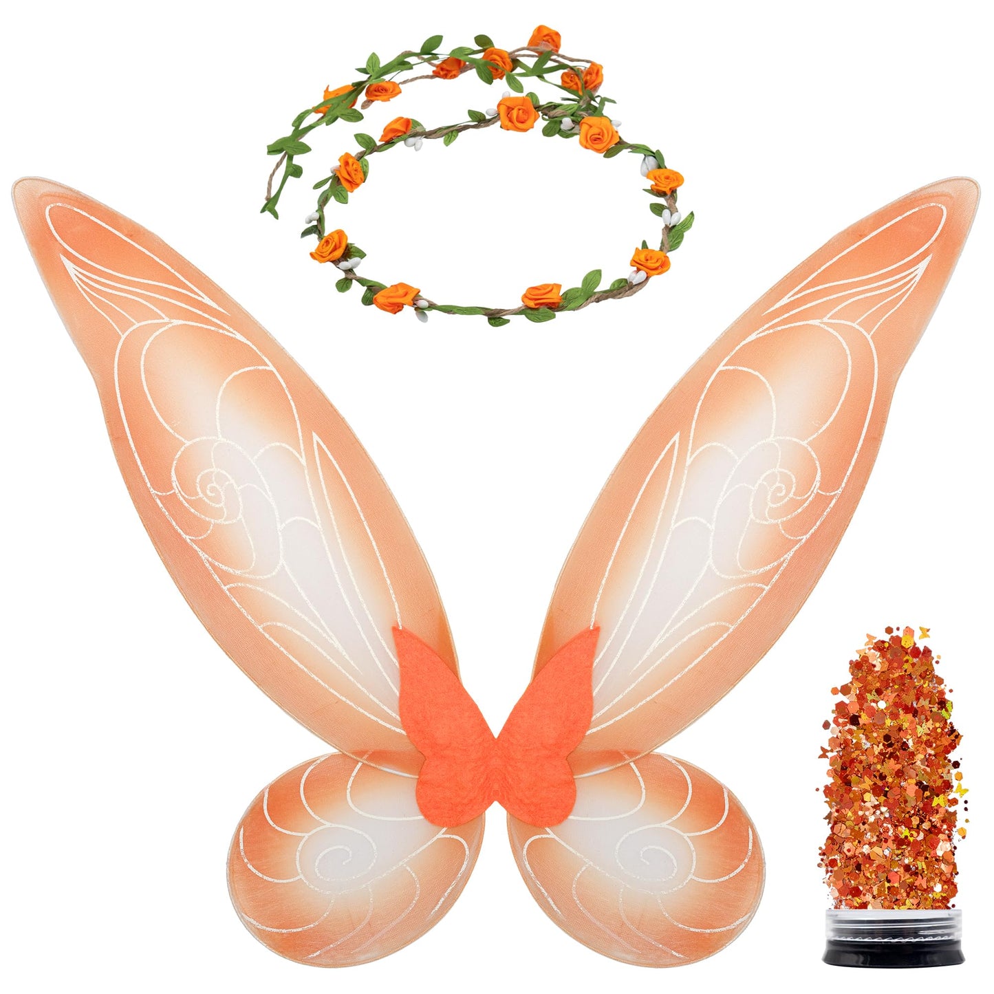 Funcredible Orange Fairy Wings, Fairy Crown and Glitter - Fairy Costume Accessories - Butterfly Costume for Women and Girls - Halloween Costumes for Women