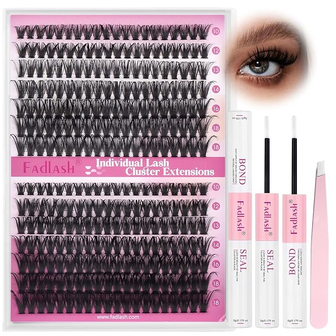FADLASH Lash Extension Kit 50D+60D Lash Clusters D Curl Lash Cluster Kit DIY Eyelash Extension Kit with Lash Bond and Seal Lash Tweezer Cluster Lashes (Kit, 50D+60D-07D-Mix10-18)