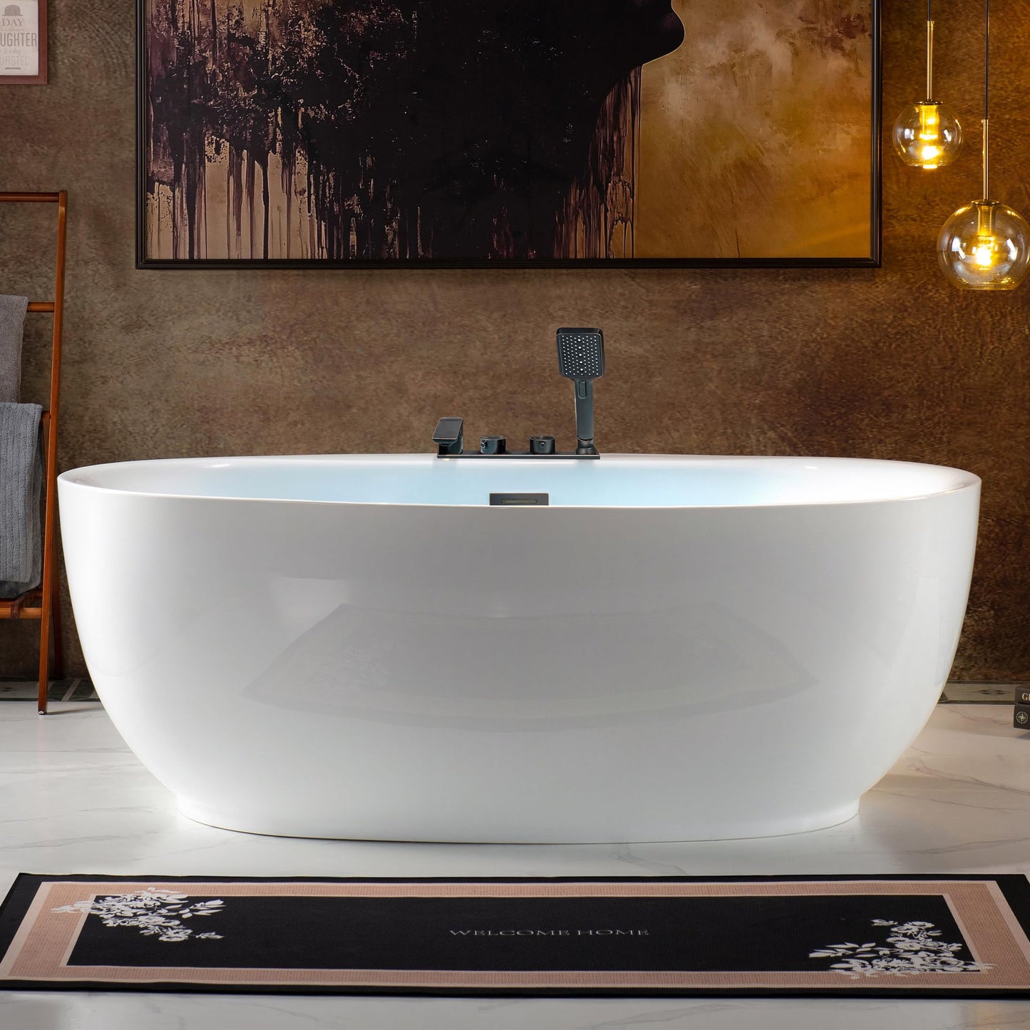 WOODBRIDGE 66" Acrylic Freestanding Bathtub Contemporary Soaking White Tub with F0044 Deck-Mount Faucet in Oil Rubbed Bronze