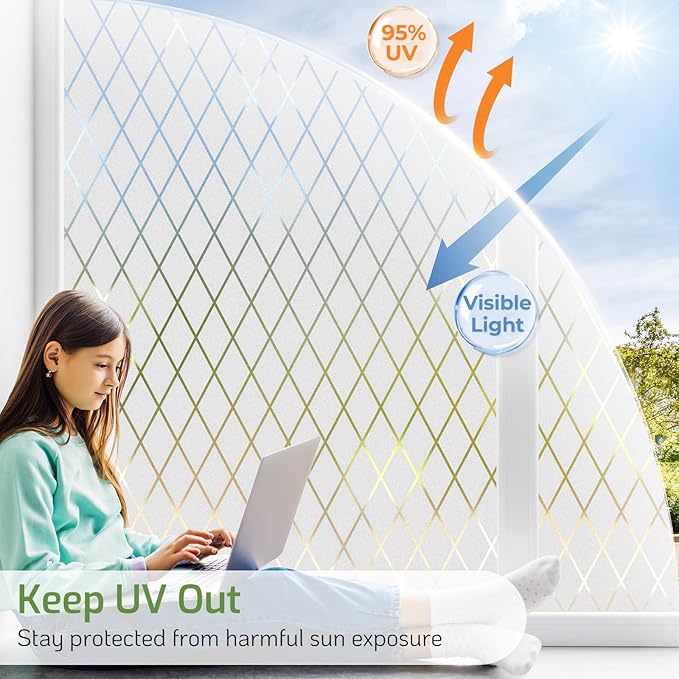 LUTE Frosted Window Privacy Film, Static Cling UV Sun Blocking Heat Control Window Cover, Removable Non-Adhesive Glass Sticker Vinyl Decorative Frosting Decals for Home Office, Lattice, 35.4" x 118.1"