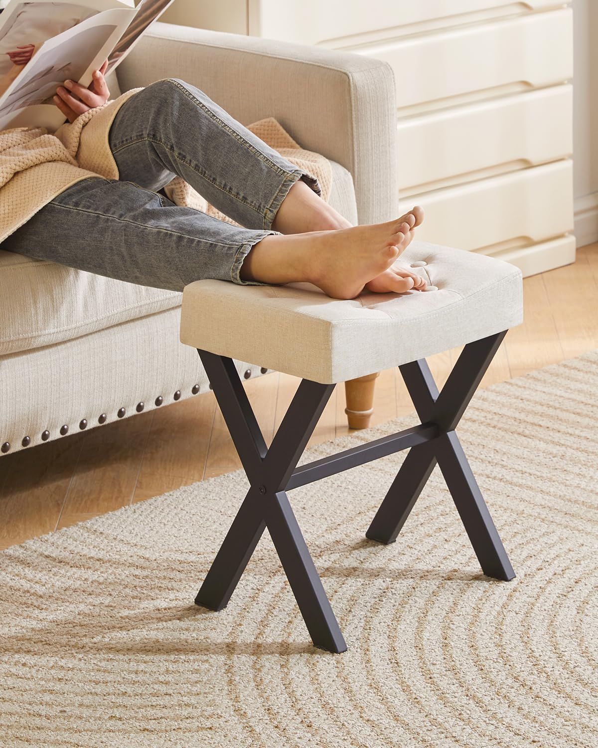 IBUYKE U-Shaped Linen Vanity Stool, Square Makeup Chair with X-Leg, Ottoman Seat Footrest Stool, Multi-Use as Small Side Table, for Bedroom, Living Room, Linen WBD018Y