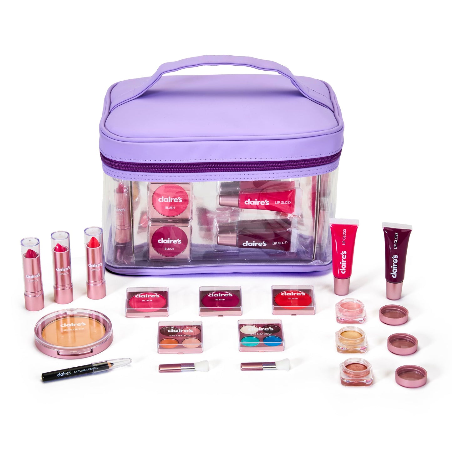 Claire's Ultimate Makeup Kit, 18-Piece Real Cosmetic Set, Makeup for Kids 8-12, Girl Toys & Beauty Activity Gift with Lip Gloss, Lipstick, Eyeshadow, Eyeliner, Blush, Highlighter & Carry Case