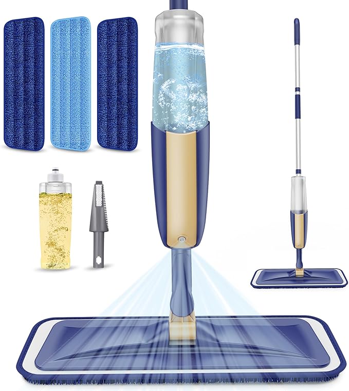 Spray Mops for Hardwood Floor Cleaning - MEXERRIS Wet Mops Dry Dust Mop with 3 Washable Mopping Pads- Flat Mop with Sprayer Home Commercial Use for Wood Laminate Tile Vinyl Cement Concrete