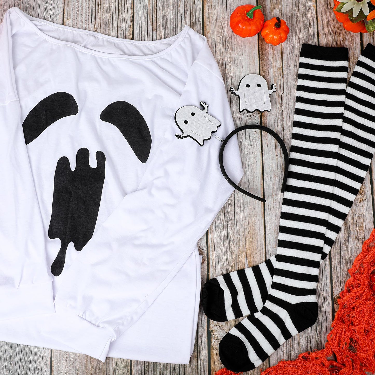 Brikabia Ghost Costume Halloween Costume for Women Ghost Dress Headband Striped Tights for Halloween Cosplay Party Outfits