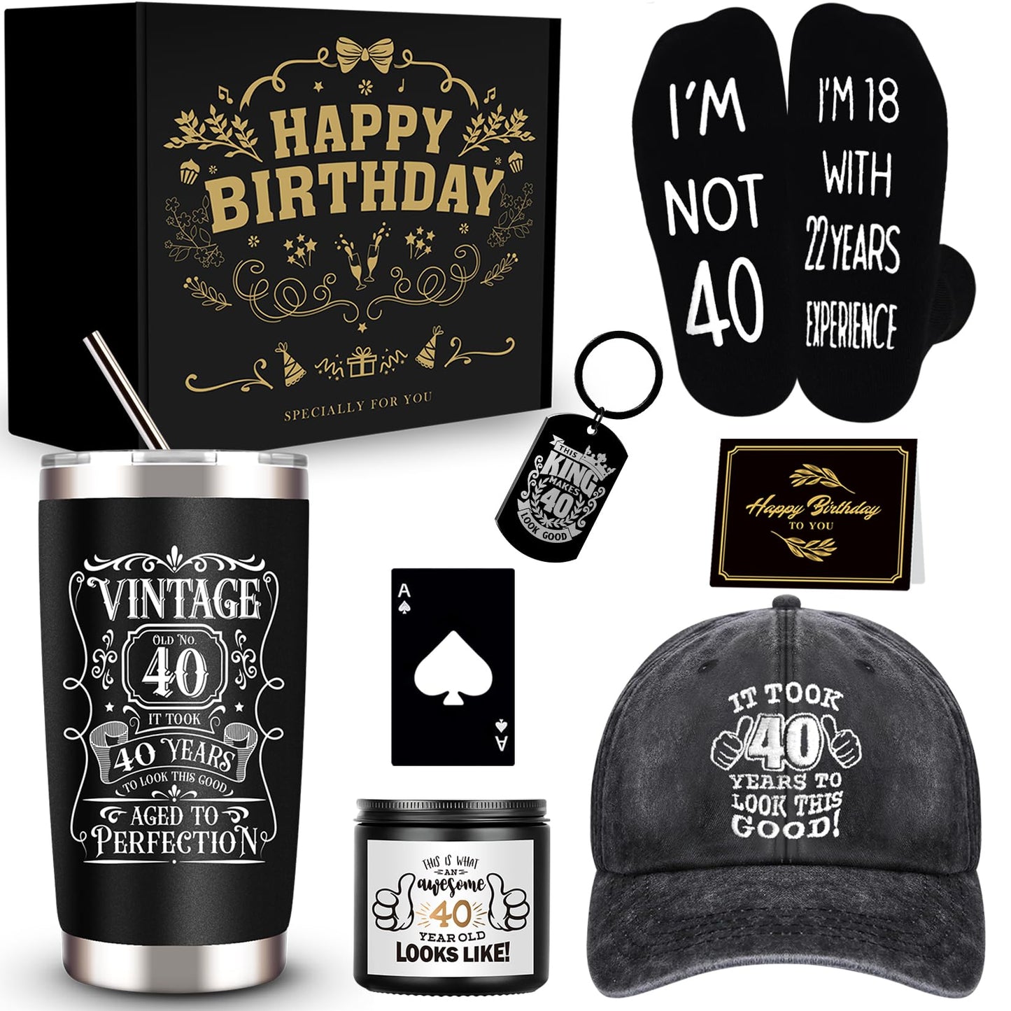 JTAMOHI 40th Birthday Gifts for Men - Unique Box with 20 Oz Tumbler, Scented Candle, Socks, Baseball Cap for Husband, Dad, Friends, Coworker, Teachers, Boss