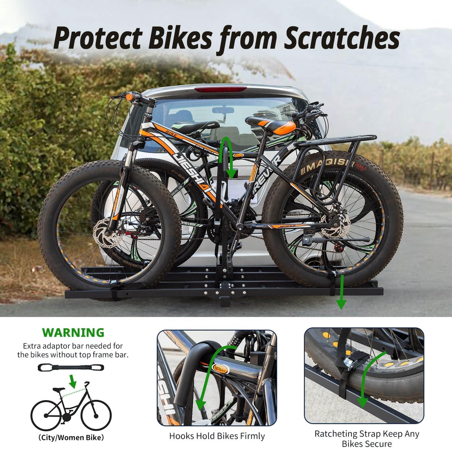 Bike Rack Hitch Mount with Ramp for 2 Bikes - Platform Ebike Rack Fits Fat Tires up to 220 lbs - Foldable & Tilt Electric Bike Rack for SUV, Truck, RV - 2 Inch Receiver