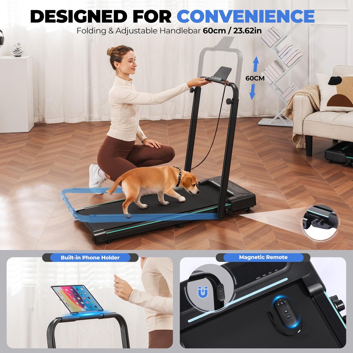 Gorise Walking Pad with Incline & Height-Adjustable Handlebar, 5-in-1 Foldable Treadmill for Home & Office, Portable Under Desk Treadmill 350LB with Remote Control LED Display Green
