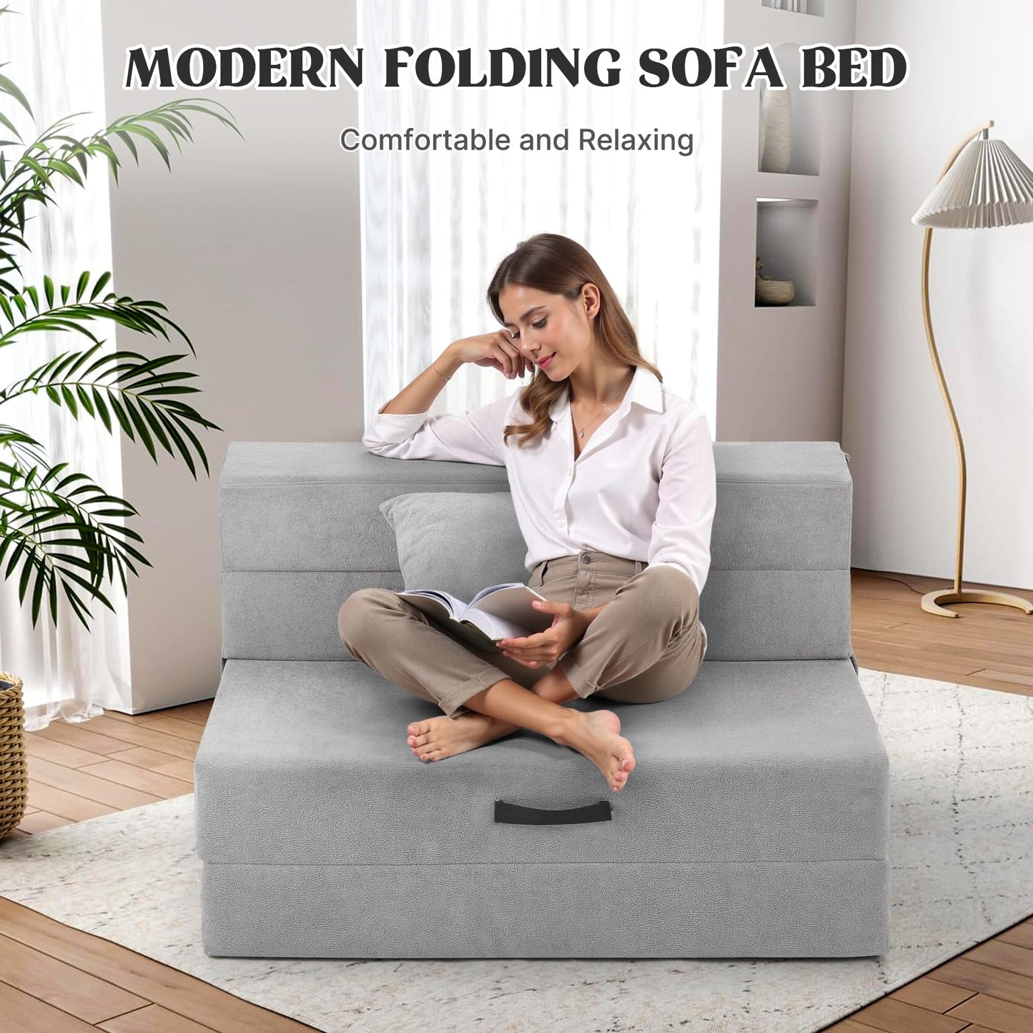 Aivermeil Folding Sofa Bed Couch Futon Sleeper Chair with Pillow, Convertible Futon Couch, Foldable Mattress, Washable Cover, for Living Room/Dorm/Guest Room, Single Size, Light Gray