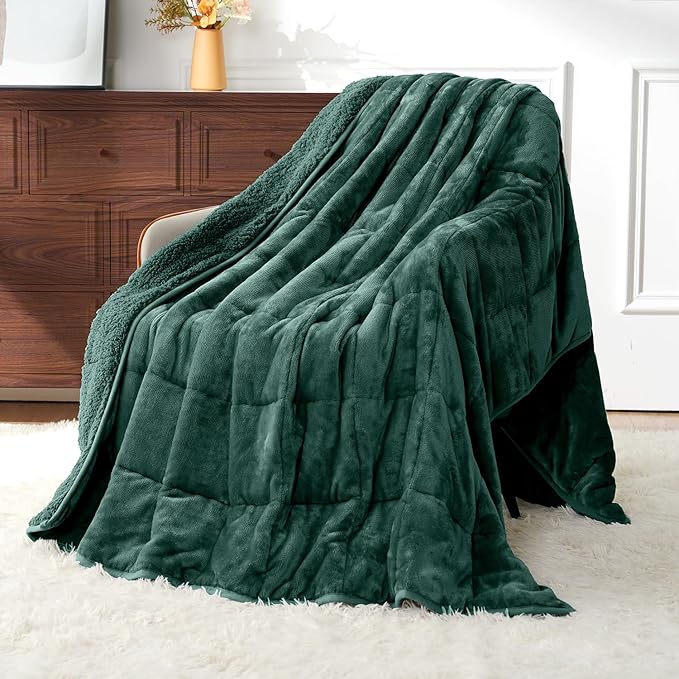 Uttermara Weighted Blanket for Adults, Queen Size Heavy Blanket with Reversible Soft Shiny Velour Fleece and Cozy Warm Sherpa for Couch Bed, Calming and Relaxing, 60 x 80 inches 15 lbs, Green