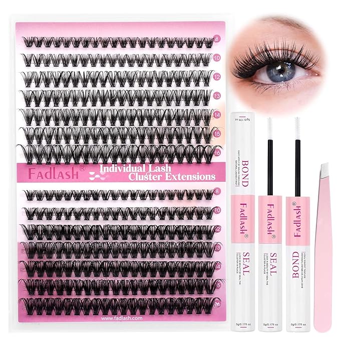 FADLASH Lash Extension Kit 30D+40D Lash Clusters D Curl Lash Cluster Kit DIY Eyelash Extension Kit with Lash Bond and Seal Lash Applicator Tool (30D+40D-07D-Kit, Mix 8-16mm)