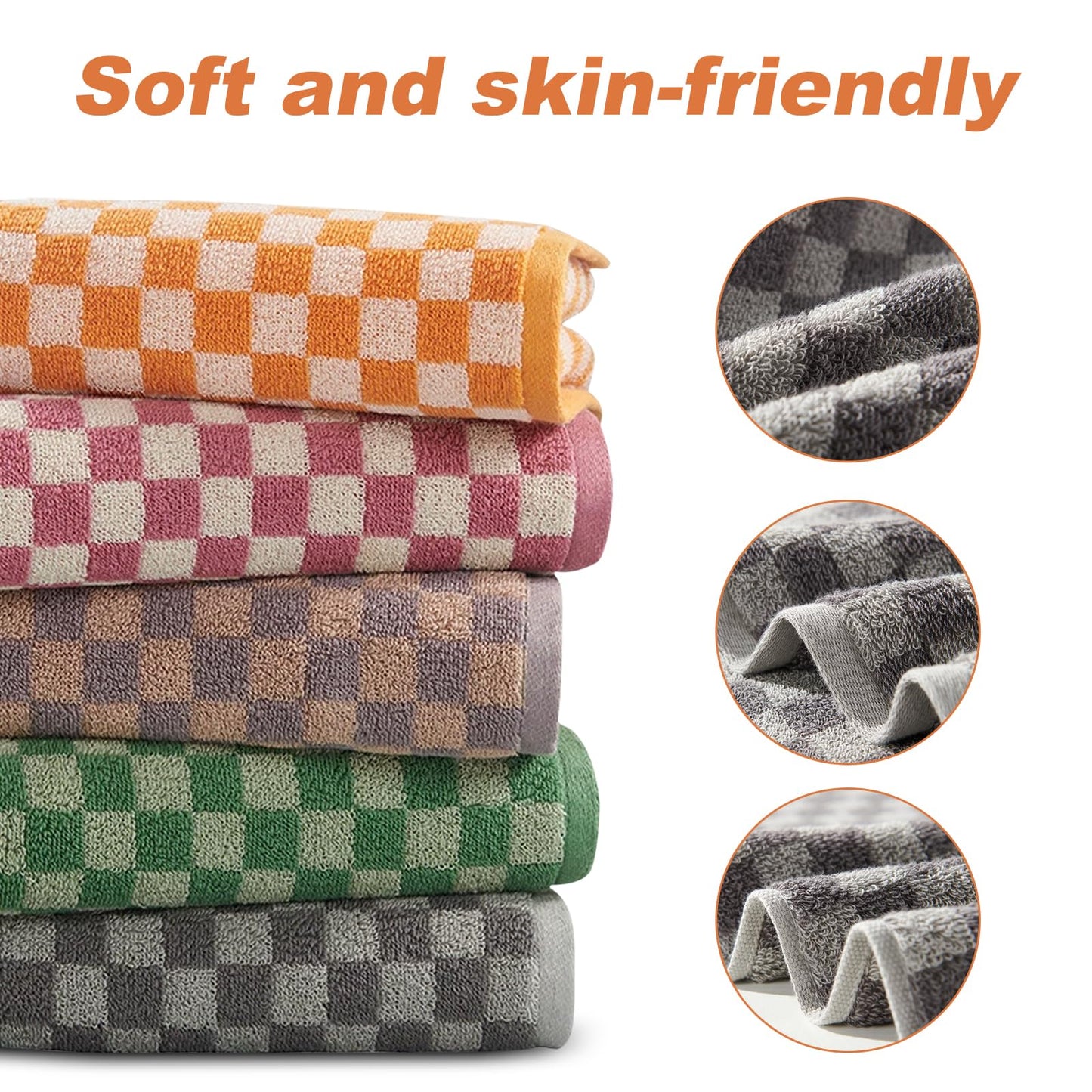 LYLHZRMDGC Set of 5 Checkered Bath Towels, Soft, Absorbent Cotton Hand Towels for Bathroom, Kitchen, Spa, 13 x 29 Inches, Send Goods from Local Warehouse