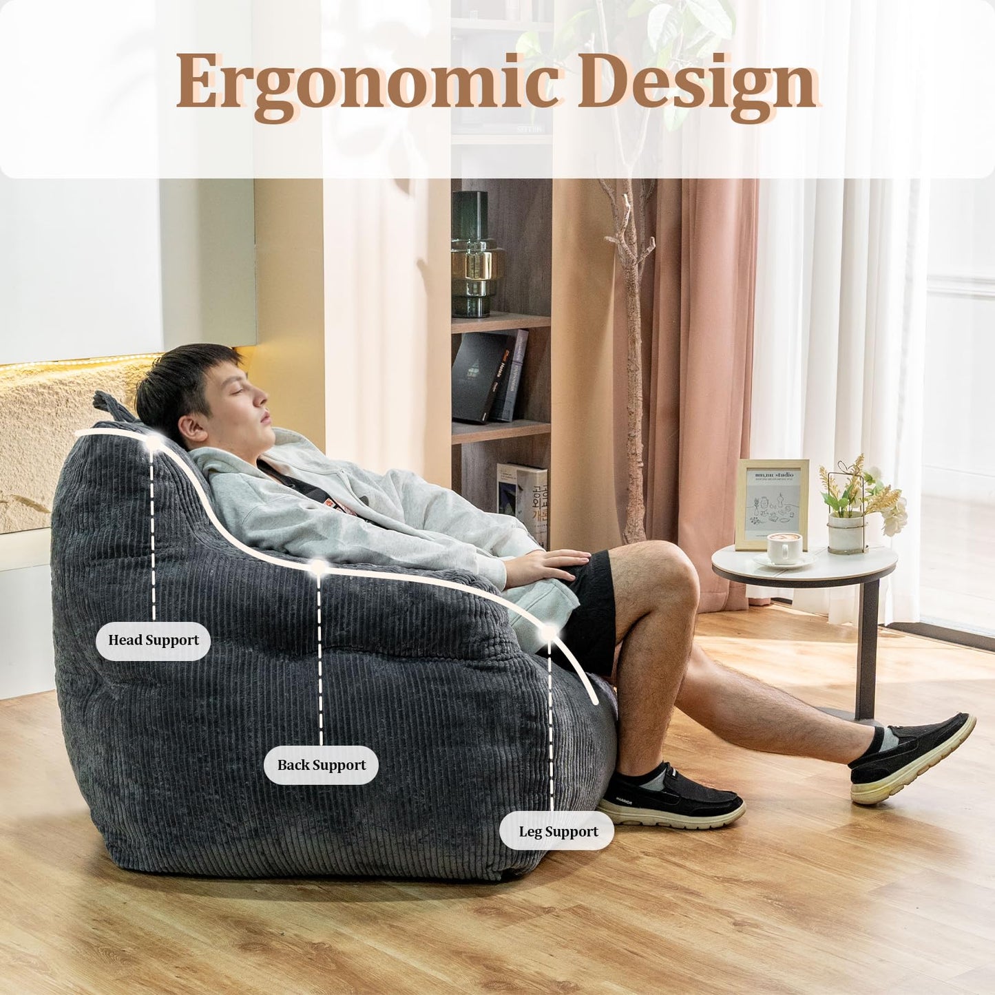 Stmoze Giant Bean Bag Chair, Faux Fur Large Bean Bag Chair for Adults, Fluffy and Comfy Giant Bean Bag Chair with Filler, Big Bean Bag Sofa Chair for Reading, Gaming, Grey