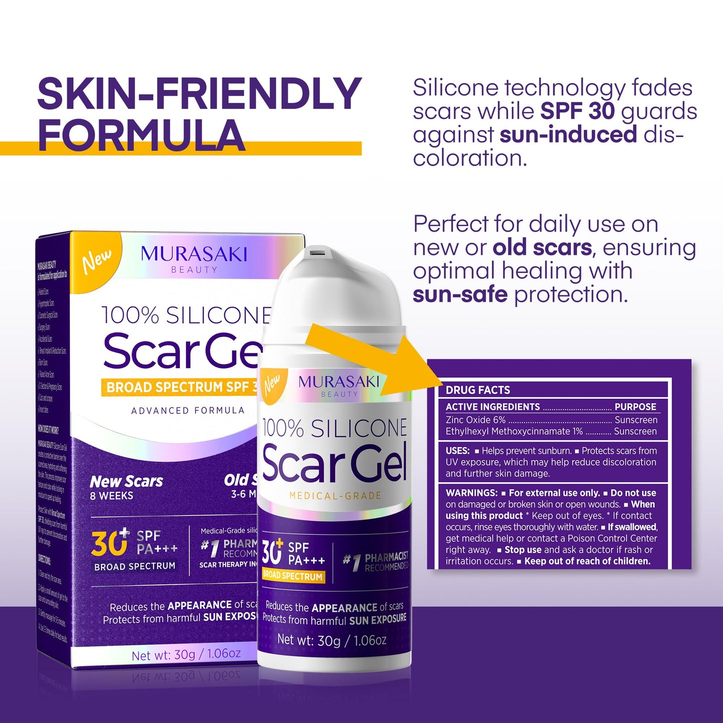 Silicone Scar Gel Scar Cream: SPF 30 Advanced Medical-Grade Formula for Surgical Scars, C-Section, Stretch Marks, Acne, Burns, K