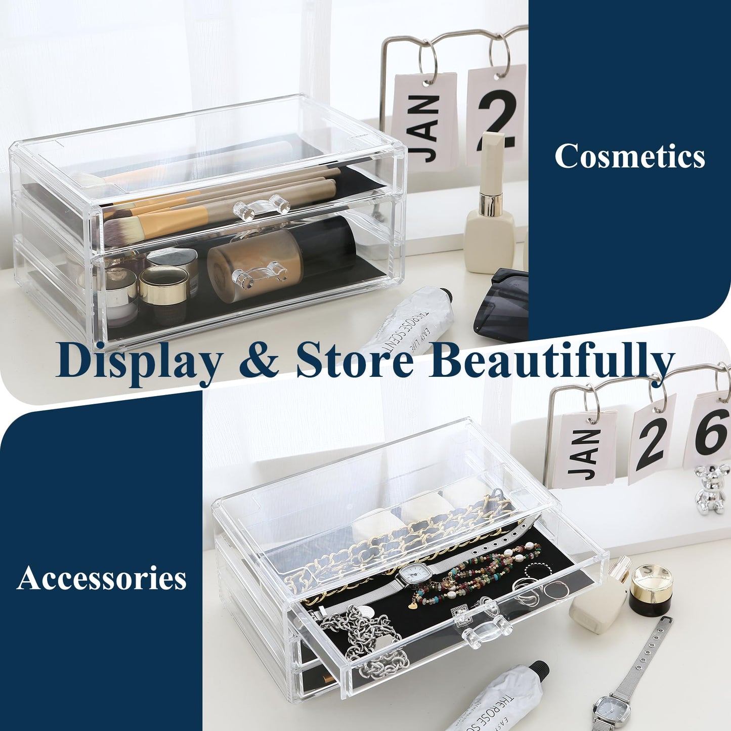 Sea Team 3-Tier Stackable Clear Makeup Organizer with Drawers, Acrylic Plastic Cosmetic Display Case, Jewelry Storage Box, Holde