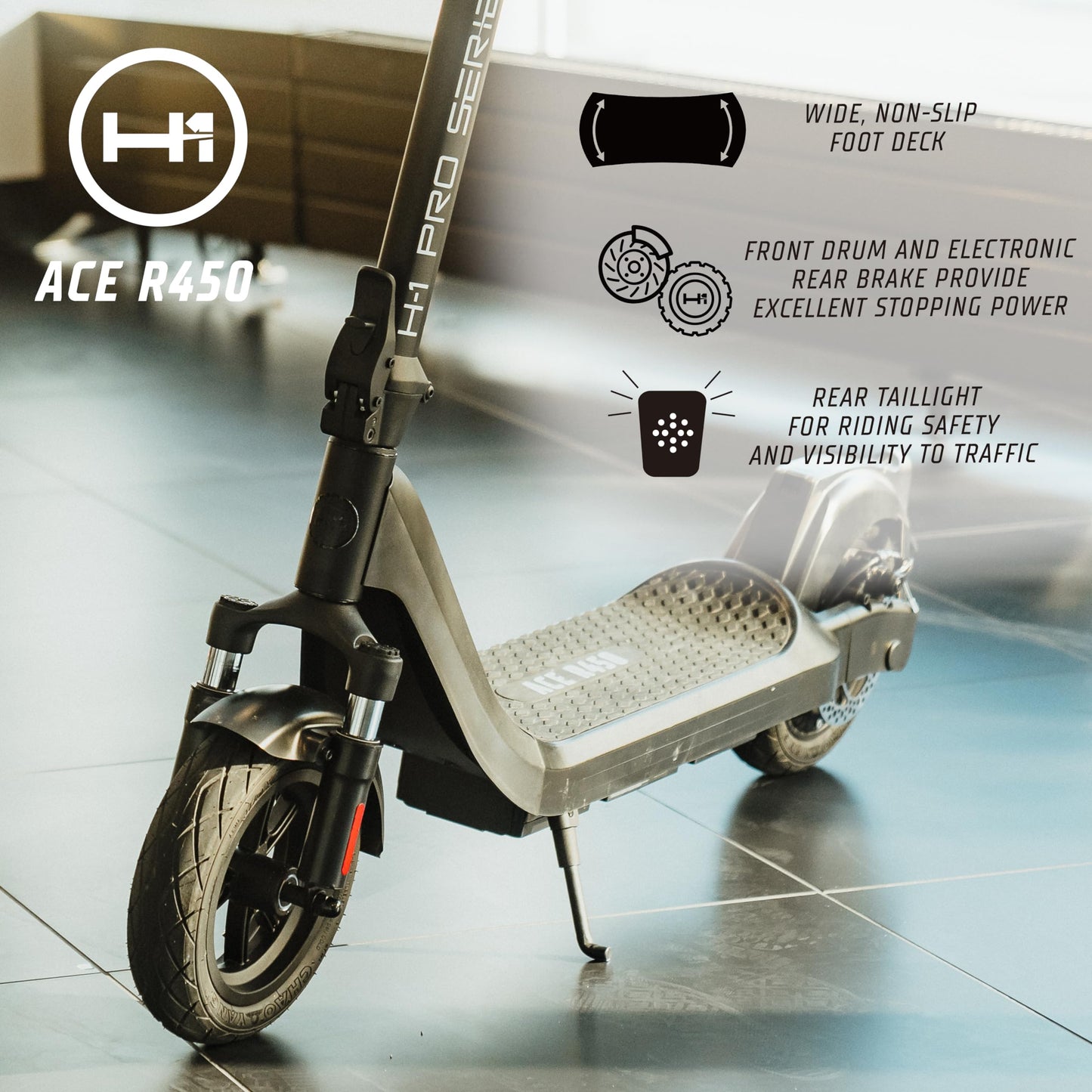 H-1 Pro Series Ace R450 Foldable Electric Scooter with 450W Brushless Motor, 20 mph Max Speed, 10” Self-Sealing Tubeless Tires, and 25 Mile Range Commuter Scooter for Adults & Teens