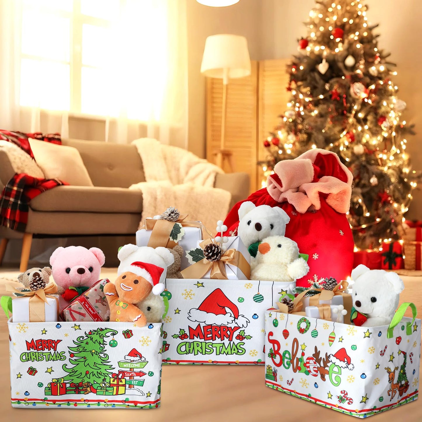 Beeveer 3 Pcs Foldable Christmas Storage Bins with Handle Green Tree Shelf Baskets Fabric Xmas Tree Storage Cube Box for Home Bedroom Office Organizing Closet Gift Baskets