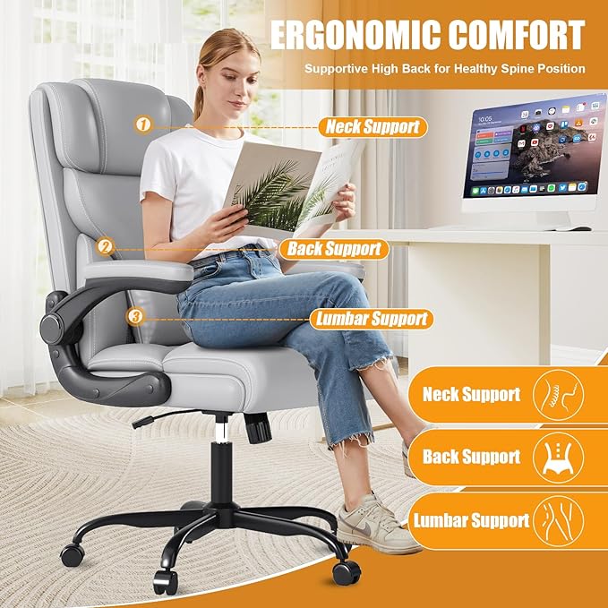 Executive Office Chair with Flip-up Armrests,Ergonomic Computer Desk Chairs,Mid-Tall Back Leather Office Chair 400 Lbs,Lumbar Support Swivel PC Chair with Rocking Function