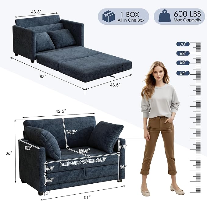 kakuboohi 51" Loveseat Sleeper Sofa Bed, Chenille Convertible Floor Sofa Bed for Small Spaces, Folding Couch Bed with Deep Seat, 2 Pillows & Solid Frame, Pull Out Floor Couch for Living Room, Blue