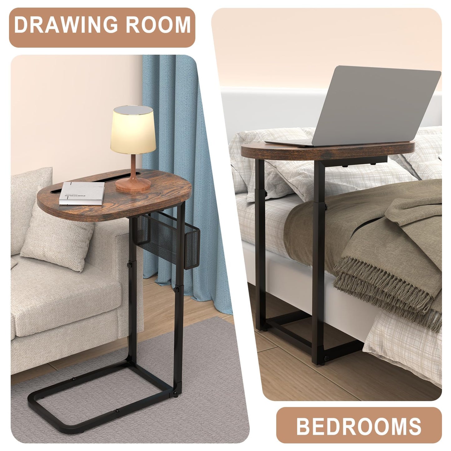 Couch Side Table with Large Tabletop, Tv Tray Table Adjustable Height with Storage Baskets, Strong and Stable Metal Frame, for Sofa, Bedside, TV Watching, Meals, Snacks, and Laptop Use