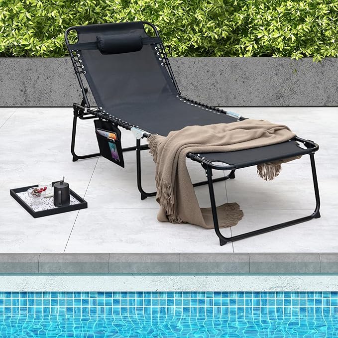 GYMAX Lounge Chair for Outside, 440lbs 27” Oversize Folding Beach Tanning Sunbath Chair with Adjustable Backrest & Removable Pillow, Lightweight Portable Patio Lounger for Lawn Poolside (1, Black)