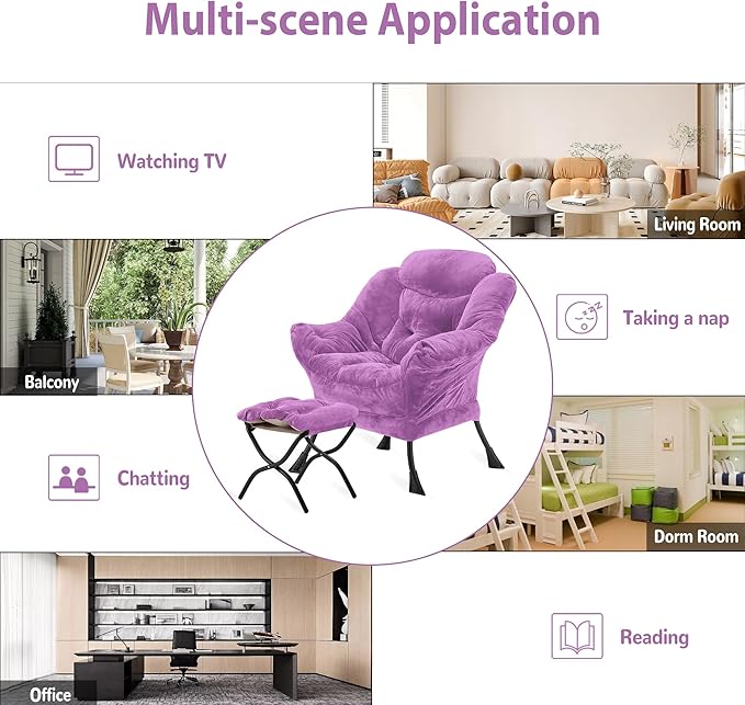 Youtanic Lazy Chair with Folding Ottoman, Accent Chair Plush Upholstered with Metal Structure and Non-Slip Pads, Sofa Armchair with Footrest and Side Storage Bag for Dorm, Room, Office, Purple
