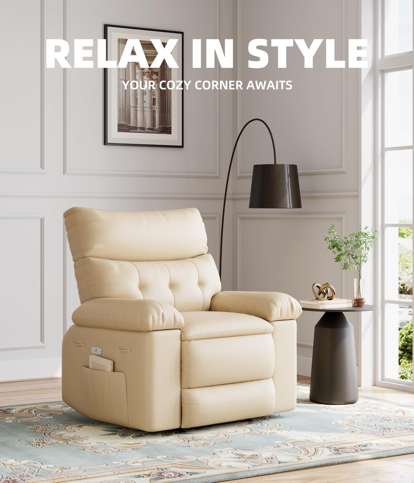 Swivel Rocker Recliner Chair, Massage Recliner Chair with Heat, 360° Swivel PU Leather Manual Recliner for Adults, Long Sitting Fatigue Relief and Shoulder Neck Relaxation, Beige