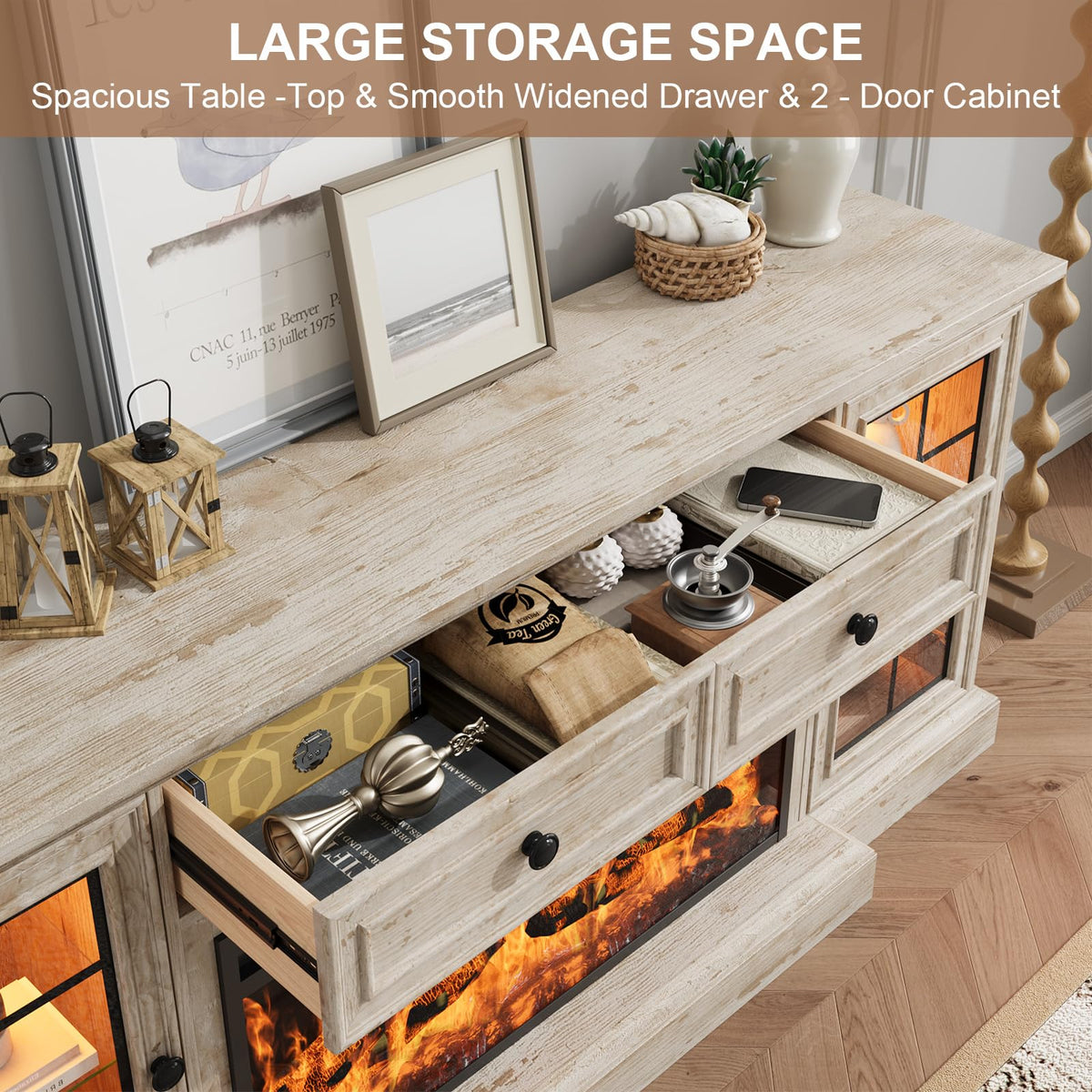Fireplace TV Stand Up to 80" TVs, 70'' Modern Entertainment Center with 36" Electric Fireplace & LED Lights, Farmhouse Media Console with Storage Cabinet & Drawer for Living Room, Antique Brush Grey