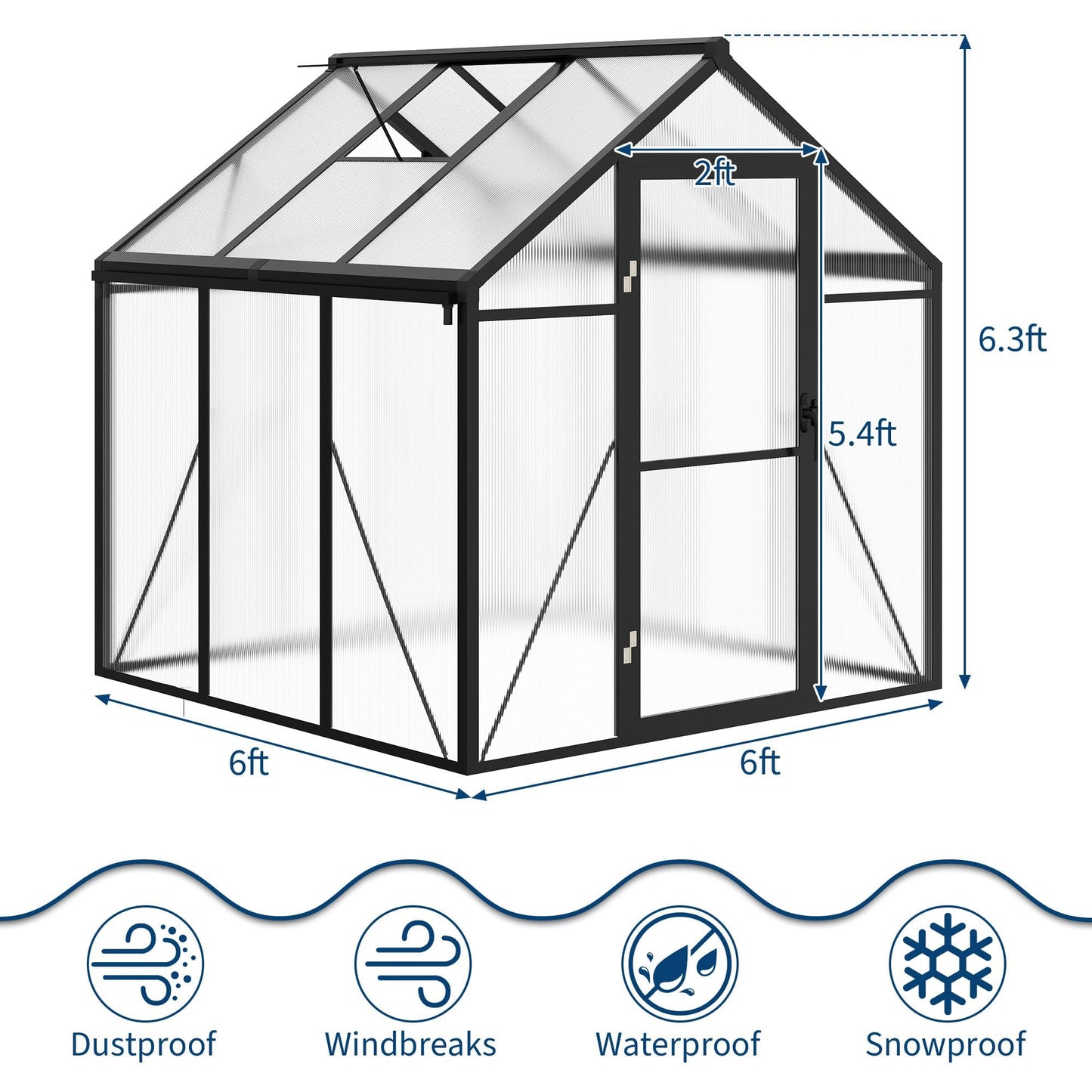 6x6 FT Greenhouse for Outdoors, Polycarbonate Greenhouse with Aluminum Frame, Lockable Door, Adjustable Roof Vent and Rain Gutter, for Backyard, Garden, Patio