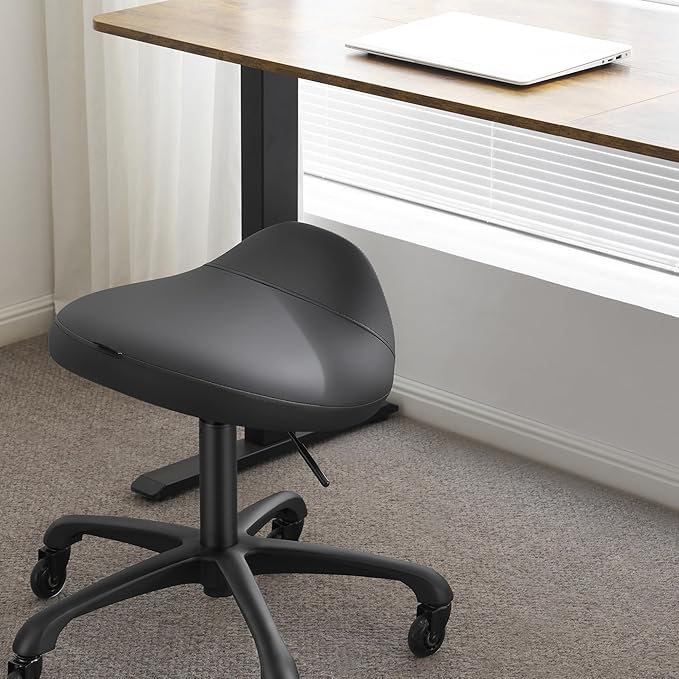 Heavy-Duty Ergonomic Pneumatic Swivel Rolling Saddle Stool with Extra Wide Seat for Hygienic Clinic Spa Massage Home and Office - 505 KIMO (Black)