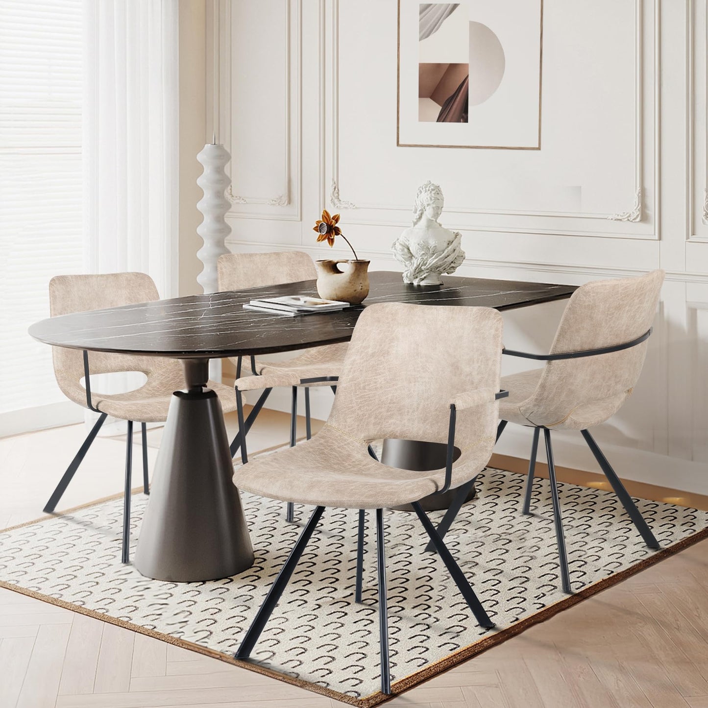 Aivermeil Beige Leather Dining Chairs Set of 2, Mid-Century Modern Dining Room Chair with Soft Cushions, Kitchen Chairs with Metal Legs for Kitchen, Living Room