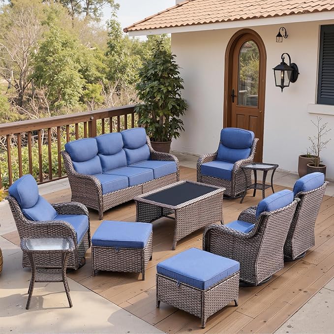 Belord Luxury 6" Thick Cushioned 10 Pieces Patio Furniture Set with Outdoor Couch, Wicker Outdoor Conversation Set with High Back Swivel Rocker Chairs for Deck Porch Yard and Poolside - Brown+Blue