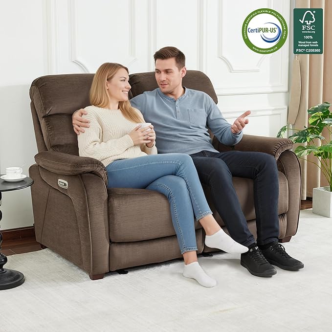 MCombo 61.6'' Wall Hugger Power Loveseat Recliner, Reclining Loveseat with Adjustable Headrest, USB Charge Ports, Wood Legs for Living Room, RVs, Small Spaces, Fabric ST258M1 (Loveseat, Coffee)