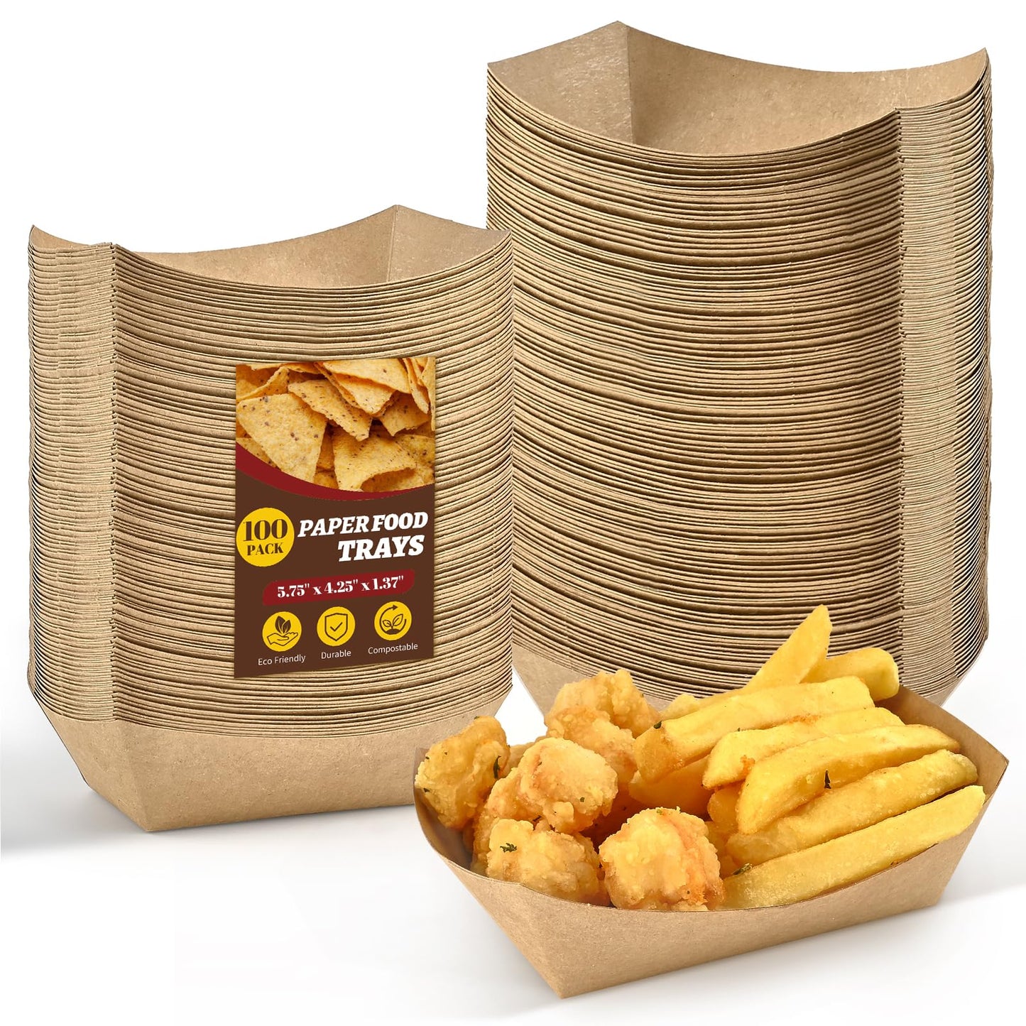 Ocmoiy 1lb Paper Food Trays, 100 Pack Heavy Duty Kraft Food Boats Holders Disposable Serving Basket Trays for Nachos, Fries, BBQ, Festivals, Party